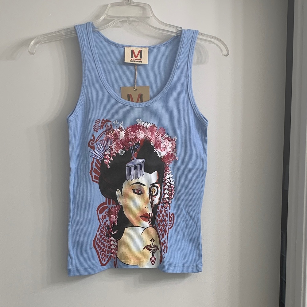 New. Vicious Methods Blue Ribbed Tank Top with Geisha Stare Graphic